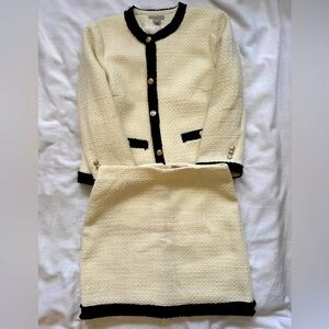 H&M cropped jacket and mini skirt. Cream with black trim. Chanelesk cute set.
